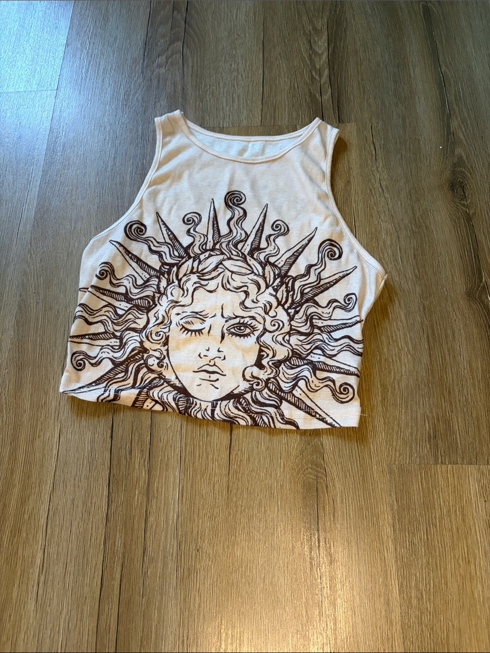 SHEIN White Crop Tank Top with Brown Sun Graphic